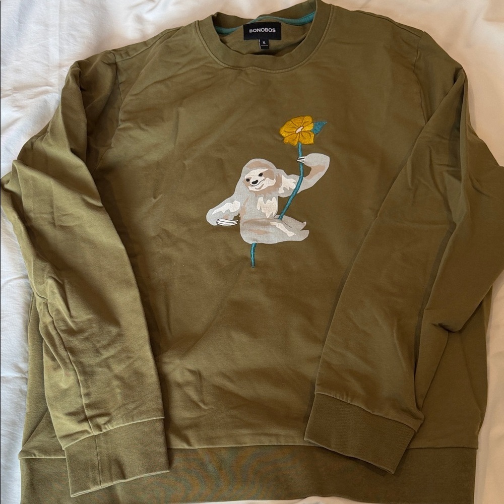 Bonobos Olive Sweatshirt with Sloth and Flower Embroidery